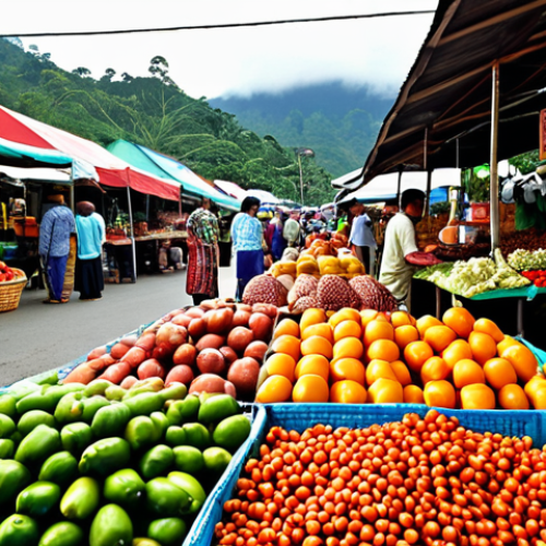 Home 4 A vibrant Malaysian "pasar tani" (farmers market) scene filled with colorful fresh produce like vegetables from Cameron Highlands, local spices, and people buying and selling food. Focus on the bustling atmosphere and the variety of local ingredients.