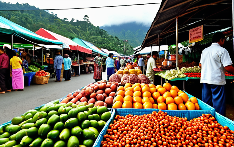 A vibrant Malaysian "pasar tani" (farmers market) scene filled with colorful fresh produce like vegetables from Cameron Highlands, local spices, and people buying and selling food. Focus on the bustling atmosphere and the variety of local ingredients.