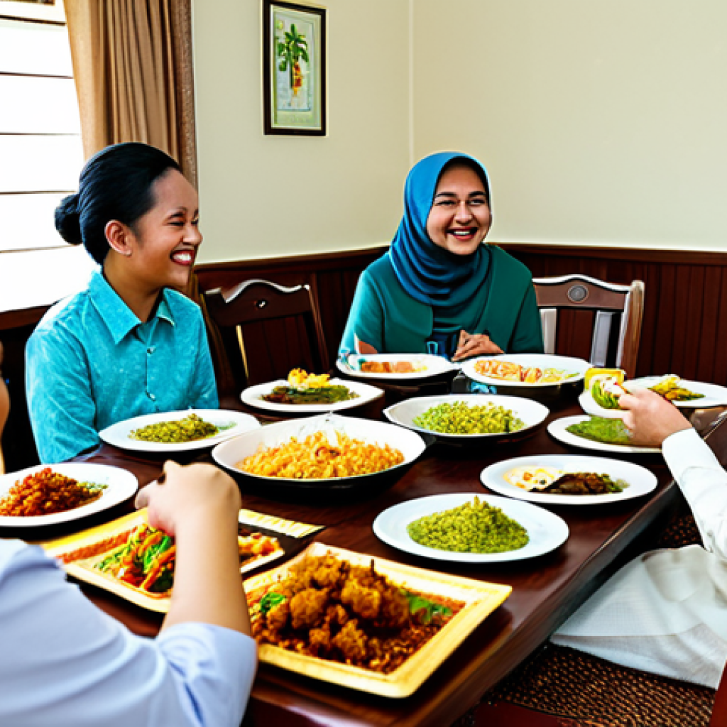 A multi-generational Malaysian family gathered around a traditional dining table, sharing a festive meal. The scene features adults, teenagers, and well-behaved children enjoying various authentic Malaysian dishes like Rendang and Ketupat, beautifully presented. They are dressed in modest, culturally appropriate attire, smiling and engaging in conversation, reflecting unity and warmth. The background is a cozy, brightly lit home interior, decorated for a celebration. Professional photography, high quality, vibrant colors, soft focus, safe for work, appropriate content, fully clothed, family-friendly, perfect anatomy, natural pose, well-formed hands, correct proportions, natural body proportions.