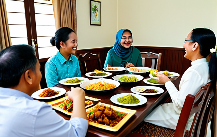 A multi-generational Malaysian family gathered around a traditional dining table, sharing a festive meal. The scene features adults, teenagers, and well-behaved children enjoying various authentic Malaysian dishes like Rendang and Ketupat, beautifully presented. They are dressed in modest, culturally appropriate attire, smiling and engaging in conversation, reflecting unity and warmth. The background is a cozy, brightly lit home interior, decorated for a celebration. Professional photography, high quality, vibrant colors, soft focus, safe for work, appropriate content, fully clothed, family-friendly, perfect anatomy, natural pose, well-formed hands, correct proportions, natural body proportions.