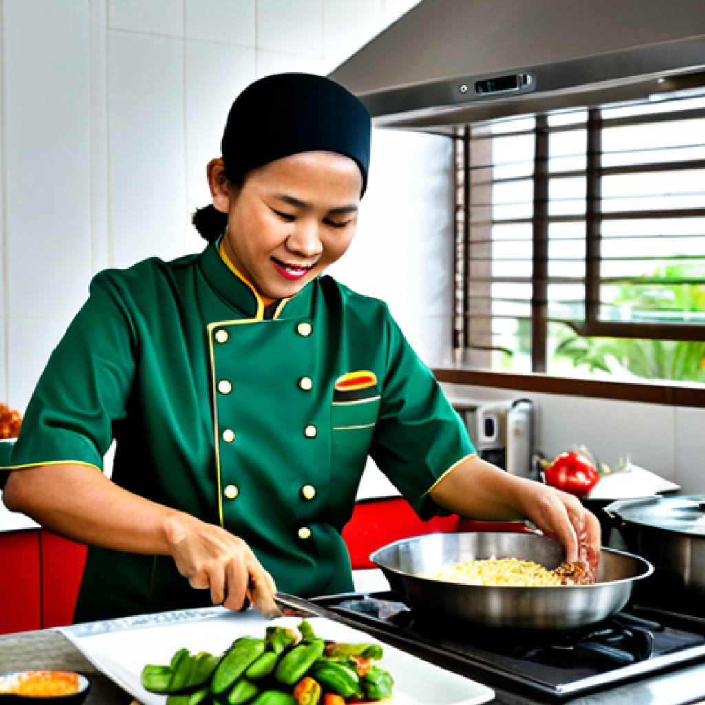 **
A professional chef in a clean and organized kitchen, preparing a "Nasi Lemak" dish. She is wearing a traditional Malay "Baju Kurung" chef's uniform, fully clothed and modest. The kitchen has stainless steel appliances and traditional Malay decorations. Focus on the fresh ingredients: coconut rice, fried chicken, peanuts, anchovies, cucumber slices, and "sambal." Safe for work, appropriate content, family-friendly, perfect anatomy, correct proportions, natural pose, well-formed hands, proper finger count, professional photography, high quality.
**