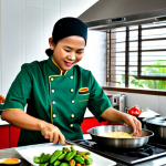**
A professional chef in a clean and organized kitchen, preparing a "Nasi Lemak" dish. She is wearing a traditional Malay "Baju Kurung" chef's uniform, fully clothed and modest. The kitchen has stainless steel appliances and traditional Malay decorations. Focus on the fresh ingredients: coconut rice, fried chicken, peanuts, anchovies, cucumber slices, and "sambal." Safe for work, appropriate content, family-friendly, perfect anatomy, correct proportions, natural pose, well-formed hands, proper finger count, professional photography, high quality.
**