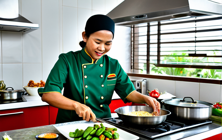 **
A professional chef in a clean and organized kitchen, preparing a "Nasi Lemak" dish. She is wearing a traditional Malay "Baju Kurung" chef's uniform, fully clothed and modest. The kitchen has stainless steel appliances and traditional Malay decorations. Focus on the fresh ingredients: coconut rice, fried chicken, peanuts, anchovies, cucumber slices, and "sambal." Safe for work, appropriate content, family-friendly, perfect anatomy, correct proportions, natural pose, well-formed hands, proper finger count, professional photography, high quality.
**