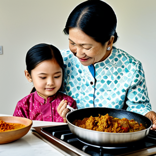 Home 17 전통 방식으로 만드는 지역특산 음식 - Nostalgic Rendang**
"A warm, inviting kitchen scene. A grandmother (makcik) in a modest baju kurung...