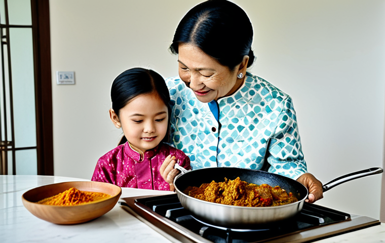 전통 방식으로 만드는 지역특산 음식 - Nostalgic Rendang**
"A warm, inviting kitchen scene. A grandmother (makcik) in a modest baju kurung...