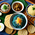 가족과 함께하는 지역특산 음식 요리 워크숍 - Nasi Kerabu Feast**
"A vibrant and colourful spread of Nasi Kerabu Kelantan, fully clothed, appropr...