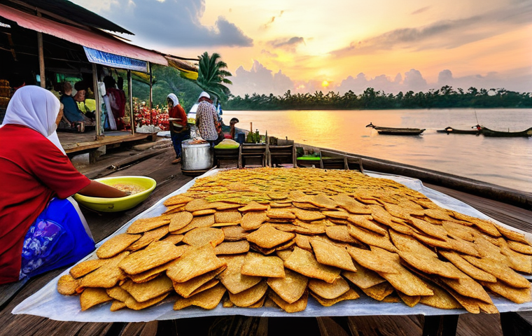 지역특산 음식을 선물용으로 구매하는 방법 - **Prompt for Keropok Lekor / Kerepok Keping:**
"A vibrant, high-angle shot of freshly made Kerop...