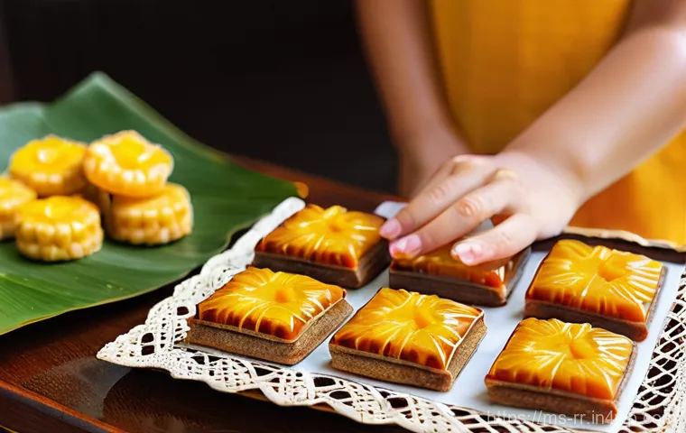지역특산 음식을 기념하기 위한 기념품 - **Melakan Sweet Nostalgia: Dodol and Pineapple Tarts**
A warm, inviting scene set in a cozy, rus...