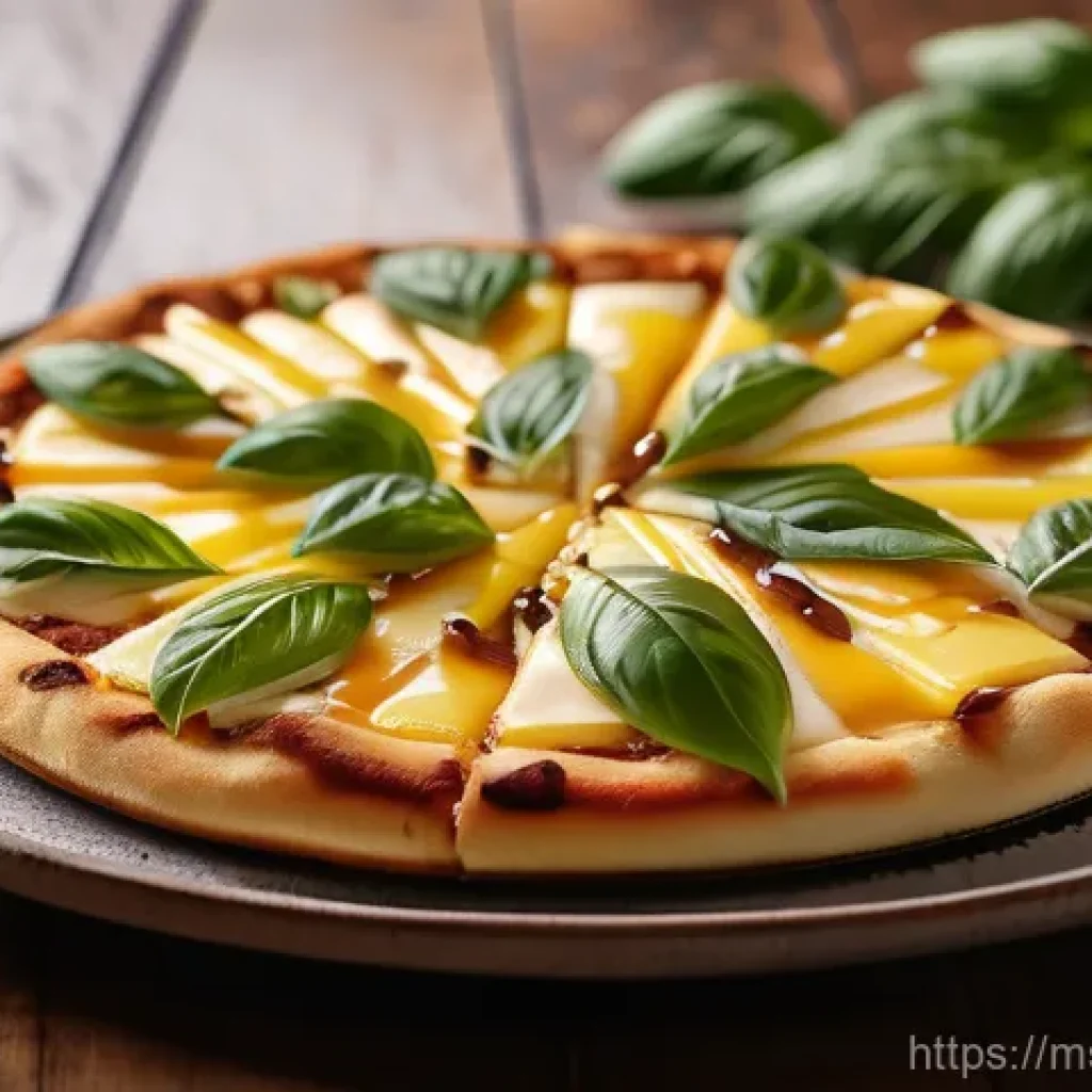 지역특산 음식으로 만든 독특한 메뉴 - A vibrant, close-up shot of a gourmet Durian Pizza. The pizza has a thin, crispy golden-brown crust,...