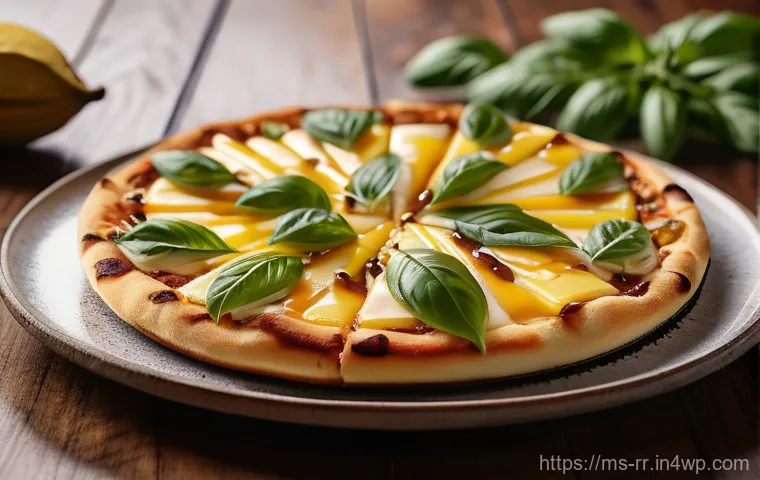 지역특산 음식으로 만든 독특한 메뉴 - A vibrant, close-up shot of a gourmet Durian Pizza. The pizza has a thin, crispy golden-brown crust,...